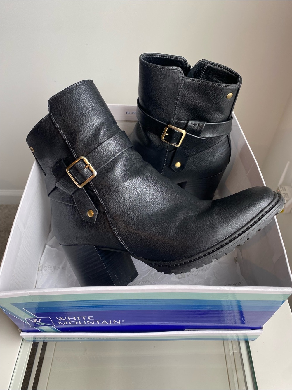White Mountain Black Leather Buckle Ankle Booties